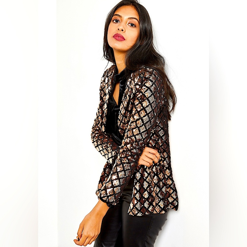 NWT WYLDR Cross Fire Sequin Blazer in Copper